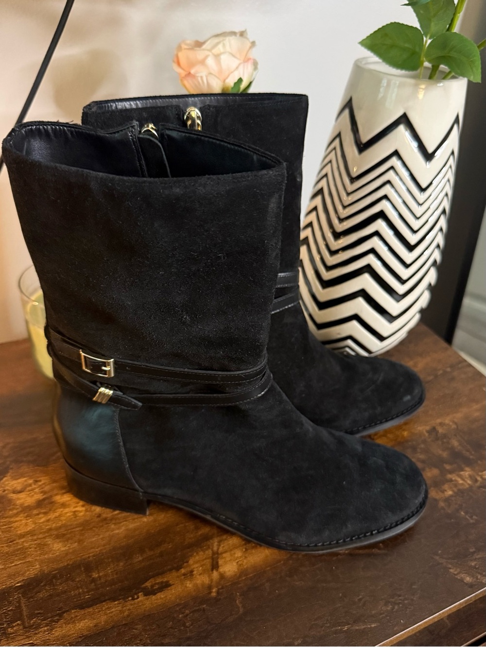 Talbots Black Suede Ankle Boots with Buckle Strap